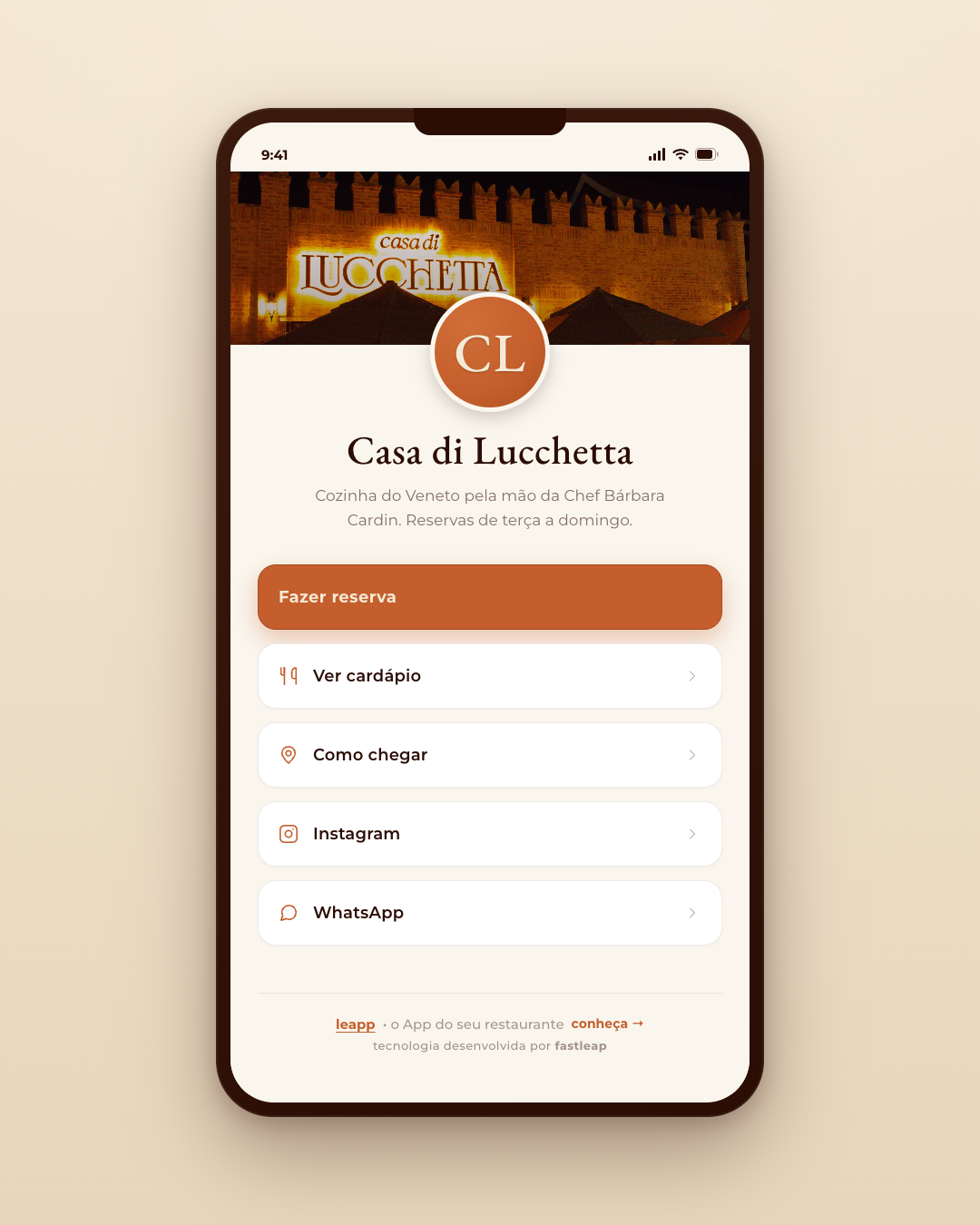 Link da bio público real criado no Leapp, visualização mobile