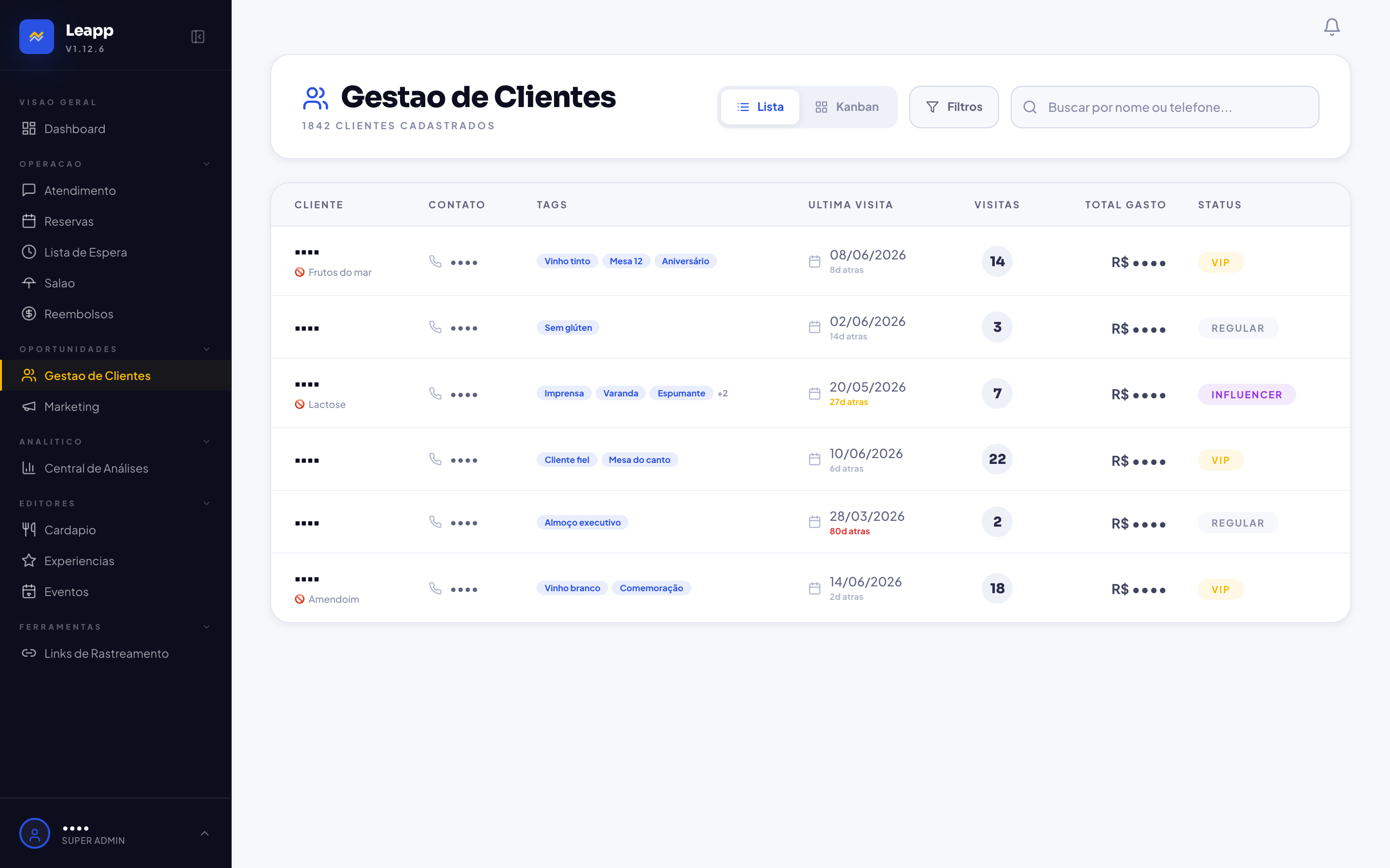 CRM real do Leapp com histórico dos clientes