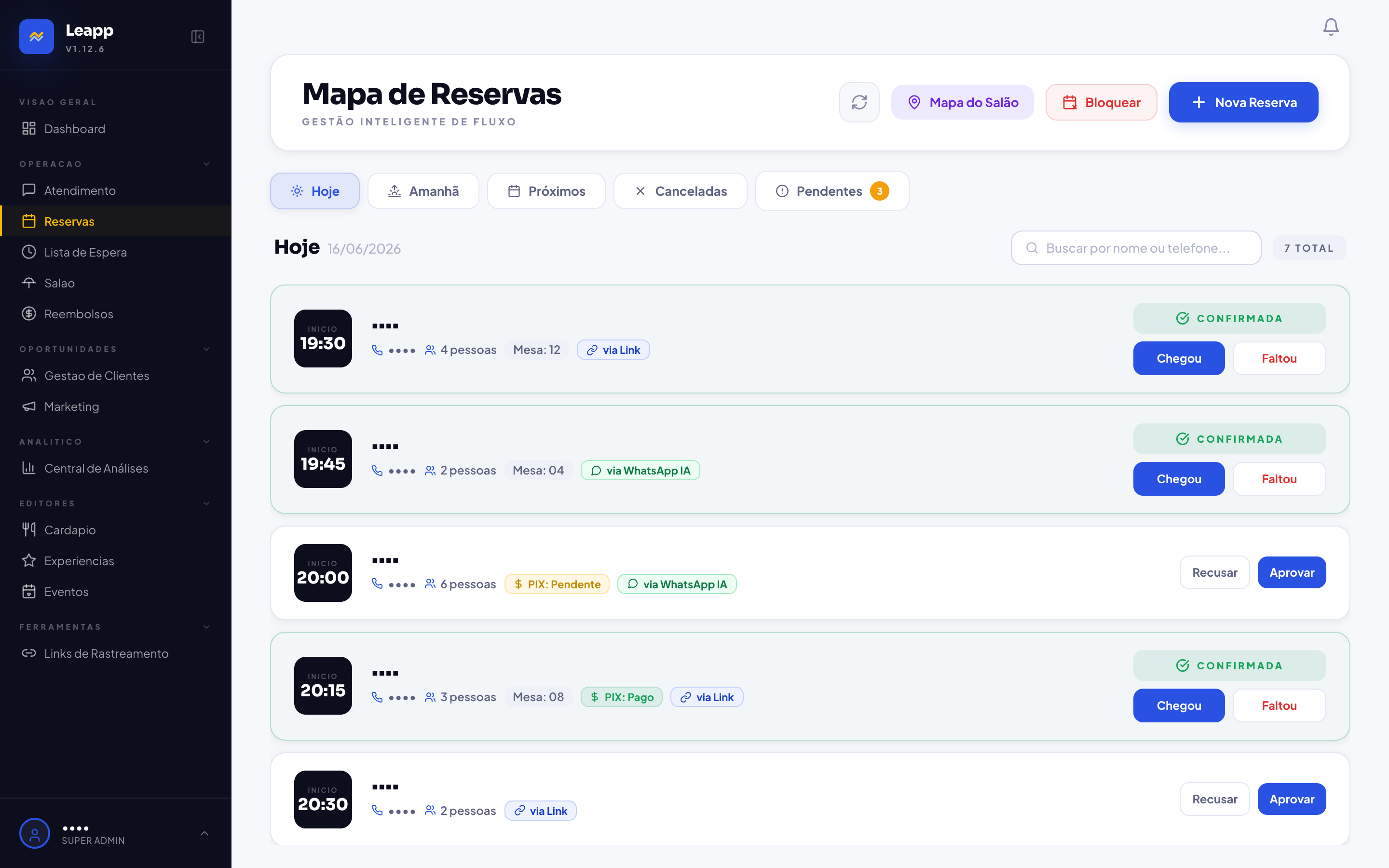 Painel real de reservas do Leapp
